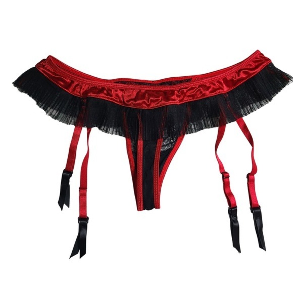 Oh La La Cheri Tres Sexy Red Black Satin Womens Panties‎ L Thong Lace Ruffles - Picture 5 of 5